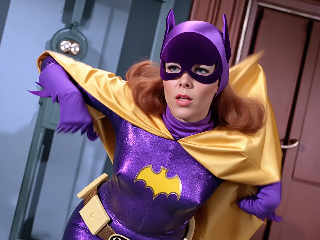 yvonne craig woman, with a pain expression. She has stomachache, she grabs her stomach and squeeze it.  In a factory, 60's style, analog film, snapshot, film grain 