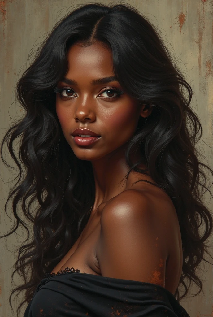 A naked black girl, that has long black hair.