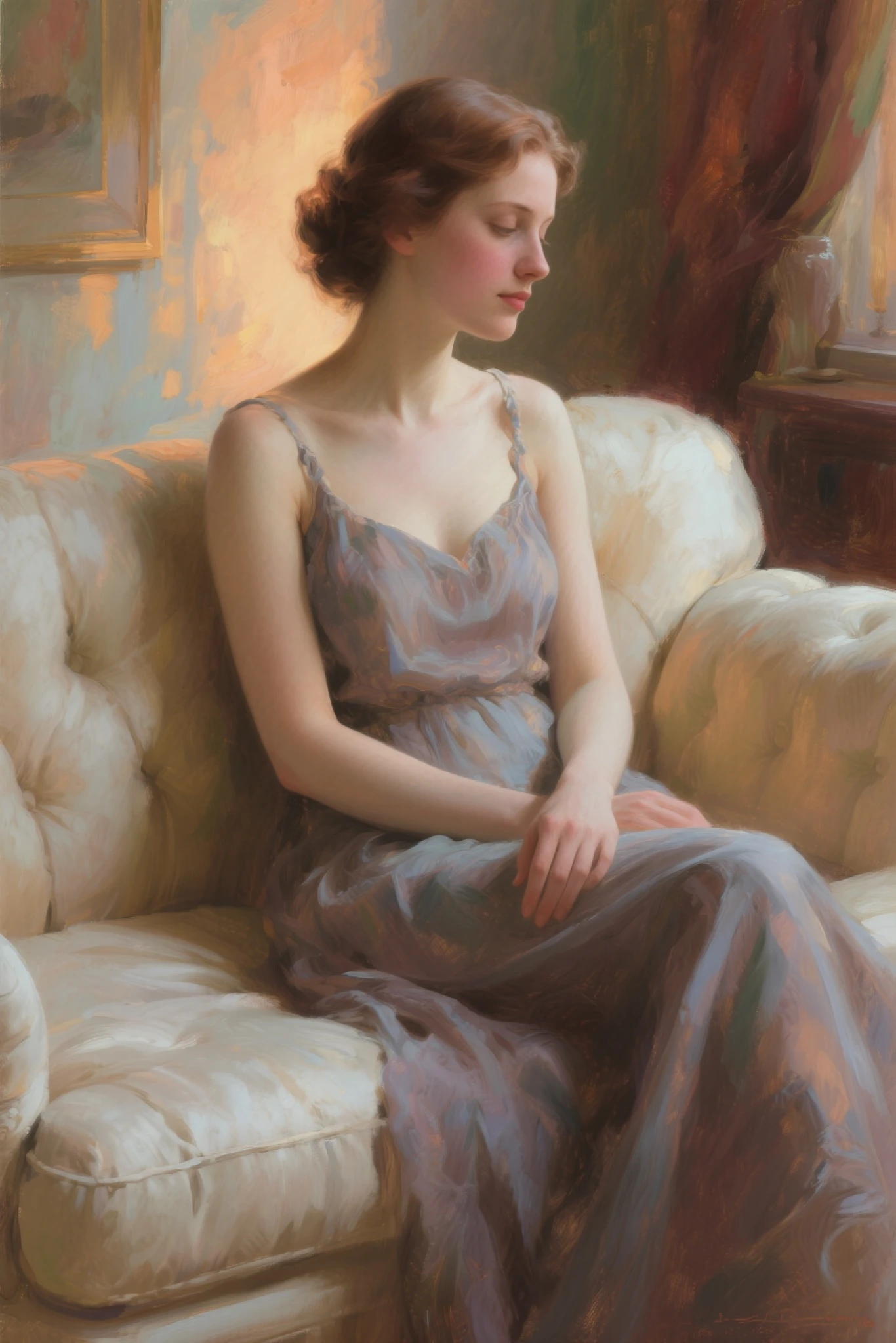 A painting of a woman with her eyes closed, leaning on her hand smiling, wearing a beautiful dress, with exposed cleavage, ((golden ratio}} laying on the sofa after a long night on the town, a sensual painting, a Beautiful expressive painting, Wadim Kashin. Ultra photo realism, Louise Ross, digital painting art, Perceptual digital painting, Stylish digital painting, Bonito painting, glossy digital painting, beautiful digital painting, digital art painting, Fine paintings, ((Rod acrylic paint)).