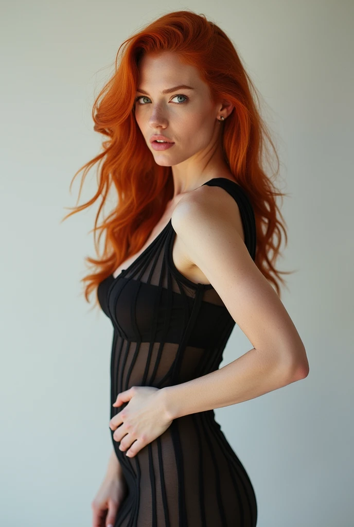 ultra realistic, photography, long red hair, girl, 24 years old, hourglass figure, perfect body, natural medium breasts, Flirty look, extremely detailed artgerm, in the style artgerm, facing the camera, lens 35 mm, blur background, masterpiece, super detailed, detailed face, beautiful eyes, detailed eyeshadow, lip details, red lipstick, full body, wavy hair, Wearing a black sheath dress, turtleneck, revealing legs, sexy legs, Wearing ultra-realistic pantyhose、