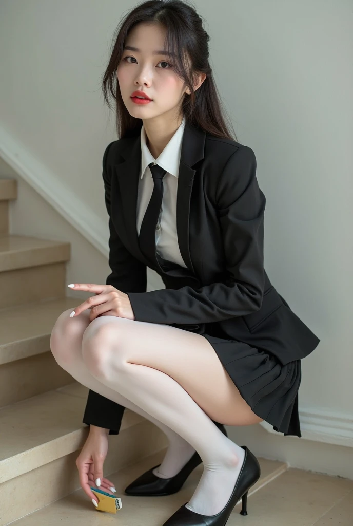 the 19 year old actress has been chosen as the most beautiful woman in the world, perfect proportions of woman's body, blazer is worn with formal shirt on her upper body, her vagina between opened legs, two pairs of labia under a clitoris, her pubic hair, she is sitting on a couch, nsfw, best quality, highly detailed, masterpiece, ultra high res, photo realistic, 8k