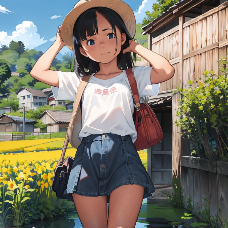 12-year-old girl、Healthy girl、Cute girl、Summer sun、cumulonimbus、Blue sky、Straw hat、Japanese countryside scenery、Rural Scenery、Paddy field、Azemichi、Small irrigation canal、Tank top and mini skirt、holding vegetables、Shiny Hair、Glowing Skin、Clear Eyes、whole body、((Looking at your feet、Surprised face、Blushing、Fiddling with hair))、Belly button sticking out、Thin legs、A strong wind is blowing、Her skirt is fluttering、Her hair is fluttering、Hats flying、