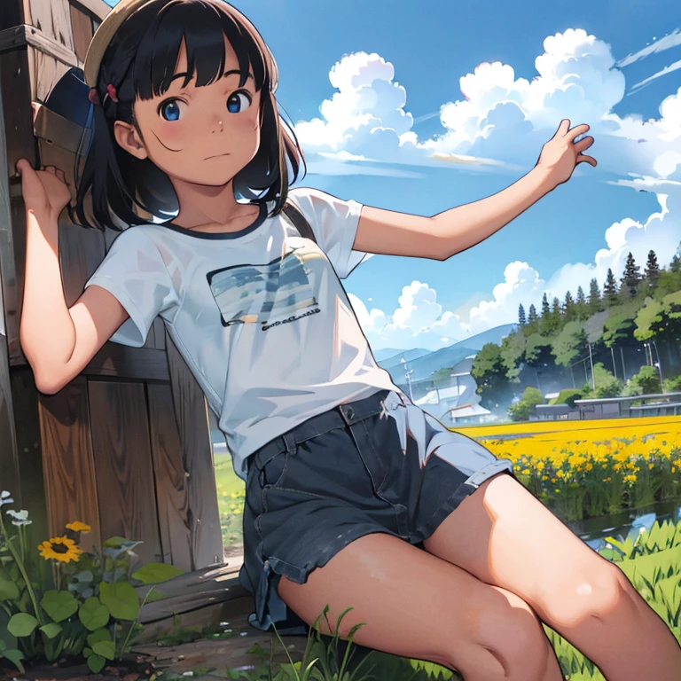 (8k),(masterpiece),(Indonesian),(11-years-old girl),((innocent look)),((Childish)),((Hairless pussy)),((no undies)),((no bra)),From the front and above,smile,cute,Innocent,Kind eyes,very wet short white thin tank top, white frill skirt blowing in the wind,semi-long,Hair blowing in the wind,Black Hair,Somewhat strong wind,noon,bright
