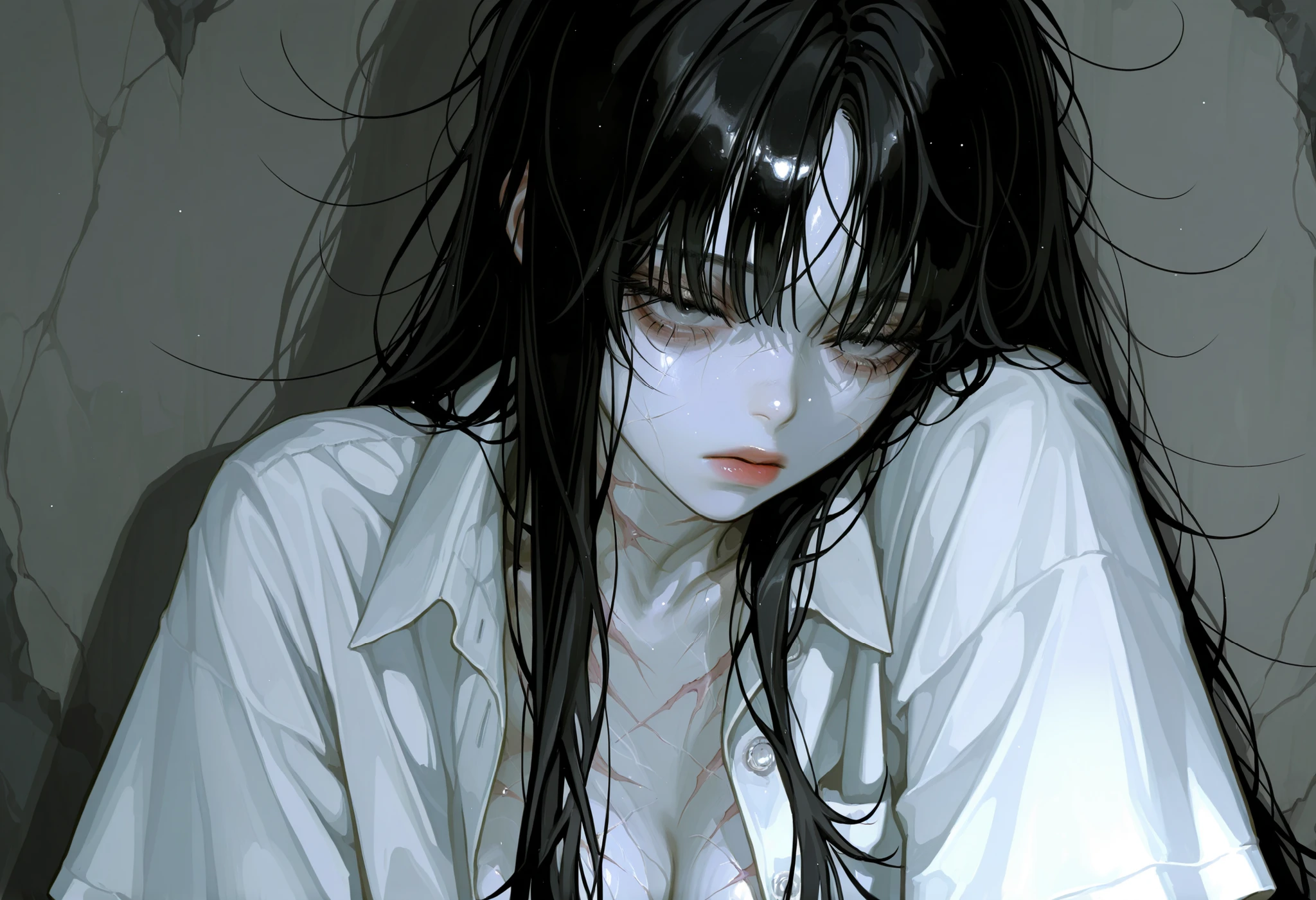 1girl, straight hair, long hair, black hair, messy hair, Bangs, milky skin, half opened eyes, pale gray eyes, beautiful lips, feeble, white overfit formal shirts, opened shirts, numerous scars on body, detailed face, 8K, high quality, upper body,crouch down, curl up