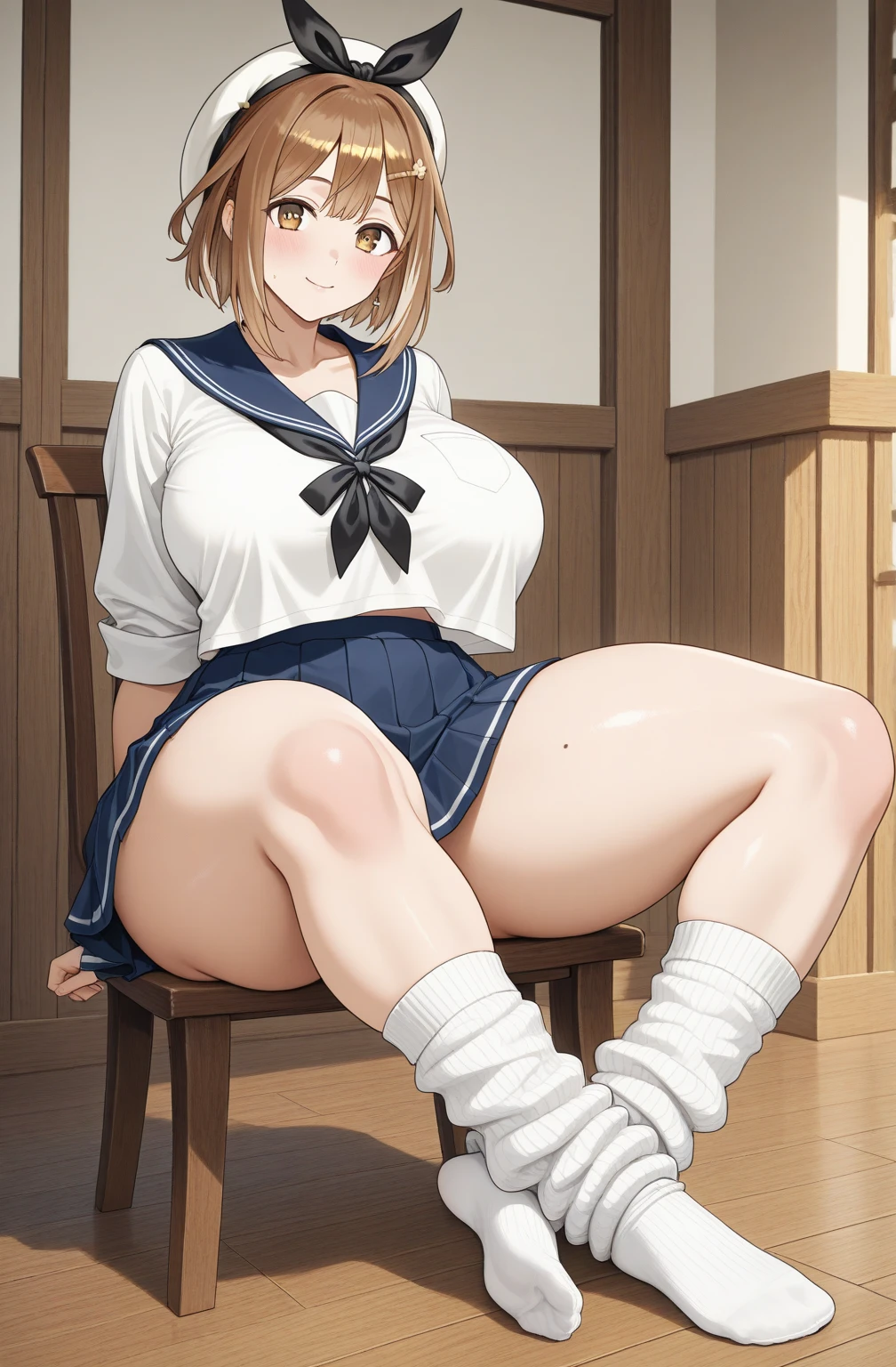(masterpiece:1.4), highest quality, High resolution, lu1, cyborg, Multicolored Hair, compensate, Exposing shoulders, Black leotard, High leg leotard, (String:1.1), White jacket, Open jacket, belt, Shorts, Cowboy Shot, cyber punk, squat, wall, Abdominal muscles, A woman sitting facing the front , cyber punk, cybercore, Underarm, Bobcut, juicy thighs, Muscular woman, dirty, shiny and bright skin, Smooth surface, Tight body suit, Beautiful Face, Cute face、Plump、Big Breasts, Big Hips, Full Body Shot, Mature mother, Voluptuous thighs, ox, Seductive mature woman, Perfect body, Plus Size Model, Sailor suit, Wearing high heels,Miniskirt Uniform, Chunli、Cleavage、Clothes with a wide open chest