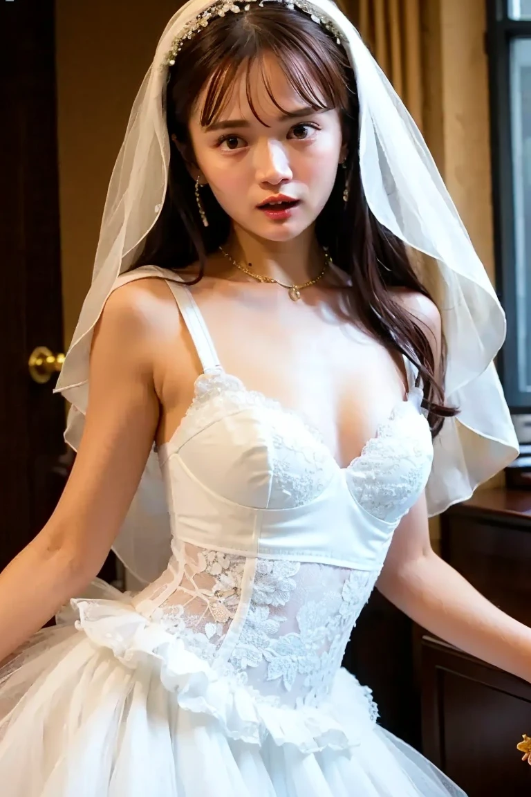 Beautiful woman looking back、Woman looking back while peeing, (Woman with armpit hair、Highly detailed CG Unity 8k wallpaper, highest quality, masterpiece, (Realistic,Realistic,Photorealistic:1.37)、(プロフェッショナル照明のmasterpiece highest quality HDR UHD プロフェッショナル RAW 非常に詳細な 32K 8K, (Woman urinating while standing), , ((Beautiful face in every detail)), (Fine and beautiful eyes), 美しく細部までこだわったBeautiful woman looking back、Woman looking back while peeing, (), (Grin:1.3), ((Private parts are visible、Hairless genitals、)), ((Private parts are visible、Hairless genitals、)), (Detailed beauty big breasts, Cleavage:1.3),,((Wedding dress, Wedding Veil)), Leaning forward, Hair Bun, A faint smile、garter belt、Plump body, Full-length hoop skirt with plenty of volume, ((Wedding Style))、Lace gloves, (((Skirt flip))), squat,, Leg spread