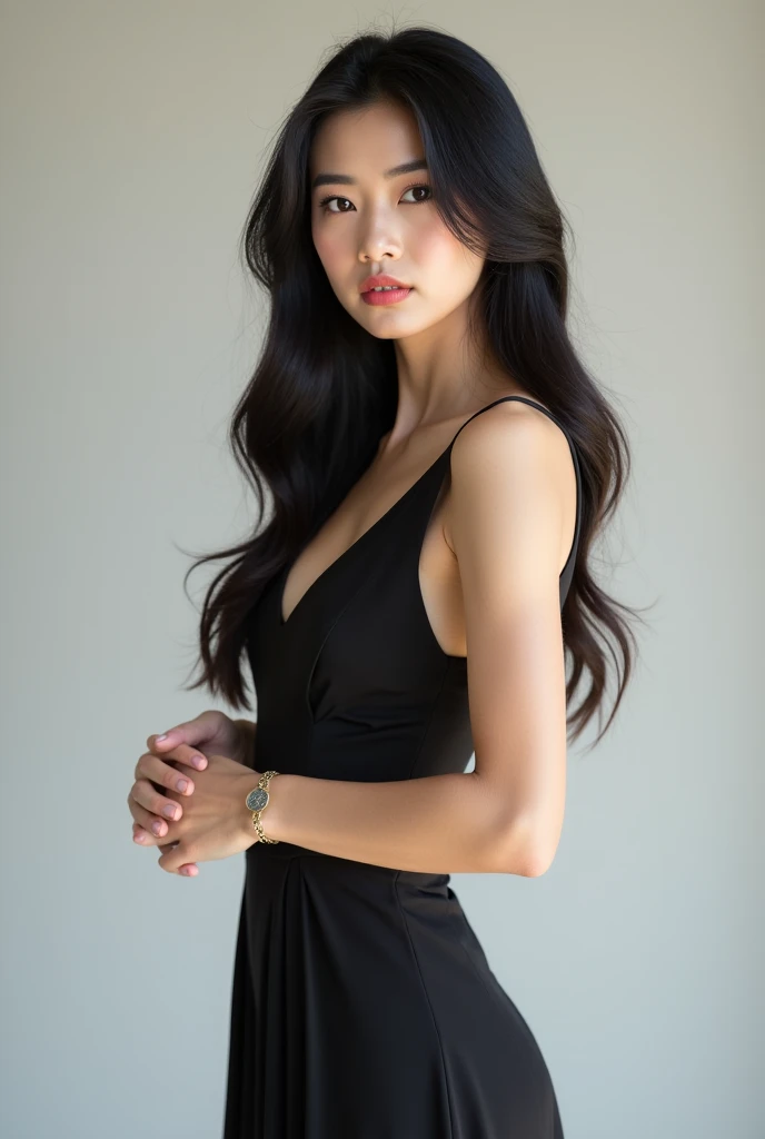 (Best quality, 8k, 32k, masterpiece, UHD: 13), 1 girl, (big tits: 1.2), (short wavy hair), perfect body, tight black dress, elegant dress, perfect girl, perfect face, 1 girl, one body, 1girl on stage, gray infinity background, photo with Nikon camera, 135mm 2.8f, photo studio, gray infinity background, photo studio, photo shoot,