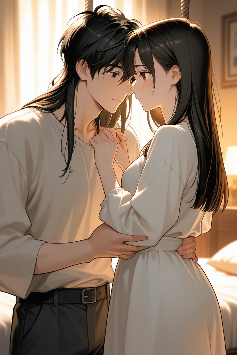(​masterpiece、top-quality、hight resolution), A cozy hotel room, warmly lit and comfortably furnished. The young man enters the room, feeling a mix of excitement and nervousness. The mature woman follows, closing the door behind her with a confident smile. She approaches him slowly, her eyes full of warmth and a hint of playfulness.

"Don't worry," she says softly, her voice soothing. "We'll take it slow."

She takes his hand and leads him to the bed, where they sit side by side. The room is quiet, the only sound being their breathing. She gently places her hand on his cheek, leaning in to kiss him tenderly. Her lips are soft and inviting, and he feels himself relaxing into her touch.

"Just follow my lead," she whispers, her breath warm against his skin.

She begins to undress him, her movements slow and deliberate, making sure he is comfortable with every step. As she removes his shirt, she kisses his chest, her touch sending shivers down his spine. She looks up at him, her eyes filled with desire and care.

He follows her lead, letting her guide the pace and intensity of their actions. The atmosphere is intimate and filled with mutual respect and affection. She reassures him throughout, ensuring he feels safe and comfortable. As the scene progresses, the focus remains on their connection and the gentle, caring nature of their interaction. nsfw