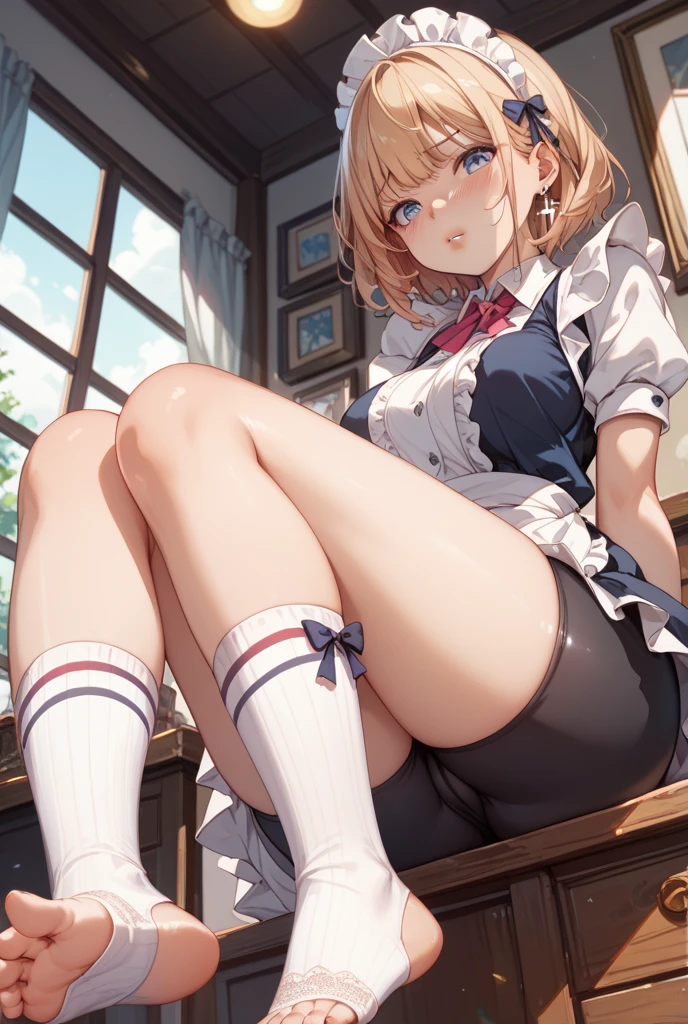 (((((1girl))))), (((best quality))), ((((masterpiece)))), (((ultra-detailed))), (illustration), (detailed light), (an extremely delicate and beautiful), (beautiful detailed eyes), (sunlight), ((extremely light)), 

((((typical school blazer and a pleated skirt)))),
school girl,

wavy short manish bob, (((yellow gold hair)), (((short hair))), 
(((deep red eyes))), 

((whole body)), aged 13 to 16, (()), 
diamond, beautiful, ((extra elegant)), (((condescending expression))), (sexually mischievous smile),  (((extra adorable))), (((extra slender shape))), 

(((sitting on her knees in the classroom))),
(((exposed pure white panties))),


(((extraordinarily thin thighs))), 
((white ankle socks))), 