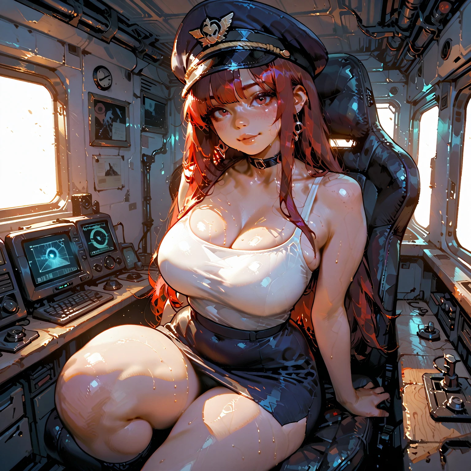 masterpiece, detailed art of beautiful warrior girl, big tits, shiny skin, wet body, big tits, tits with presence, blush, sweat, full body, sexy, boobs, side boobs, cleavage, background blur, professional lighting, cleavage, (attractive face), top quality, masterpiece, very detailed, semi-realistic, brown-haired woman, milf, triple bangs, black uniform, black pleated skirt, military hat, military uniform, spaceship space, control room, commander