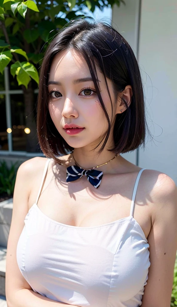 ((highest quality、Masterpiece、High resolution))、(((Zoom photo of upper body)))、(A shy smile:1.2)、One woman、Beautiful Skin、Beautiful Eyes、Cleavage、Cat ears headband、Black maid outfit、Black Hair、Trimmed bangs、Straight Hair
