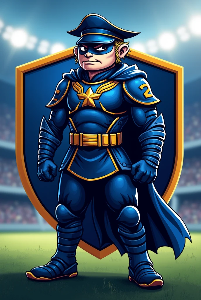 Tall dark-haired man with black hair and beard dressed in a royal blue and white superhero costume and with a shield that says SF