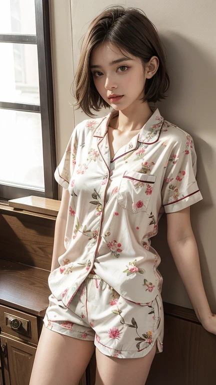 (((Perfect anatomy with detailed depictions of the limbs))),(((Capture the essence of the action and never miss a photo opportunity))),4k,One person,Fantasy,Shiho-san with beautiful E-cup breasts and a coke bottle body,(((Shooting in a 2LDK room for a single girl,The morning sun is impressive,(She looks cute in her long-sleeved, long-trouser floral pajamas),(Her hairstyle is a super short bob),Cute Shiho-san still half asleep in bed after waking up))),Coke bottle body with a slim waist,(RAW shooting, Photorealistic:1.5, 8k, highest quality, masterpiece, Ultra-high resolution), Perfect dynamic composition:1.2, (Clear brown eyes, Beautiful erotic eyes:0.8), (Too erotic:0.9, Fascinating:0.9), Full Body Shot,Ultra-Realistic Skin,Beautiful expression,A handsome face with a high, straight nose, clear chestnut eyes and glossy lips.,Using a Nikon D5,Setting is F value 1.4 ISO100 Shutter speed 1/500,8Khighest quality,Use the contrast of light and shadow to create a striking photograph using darkness and the morning sun,