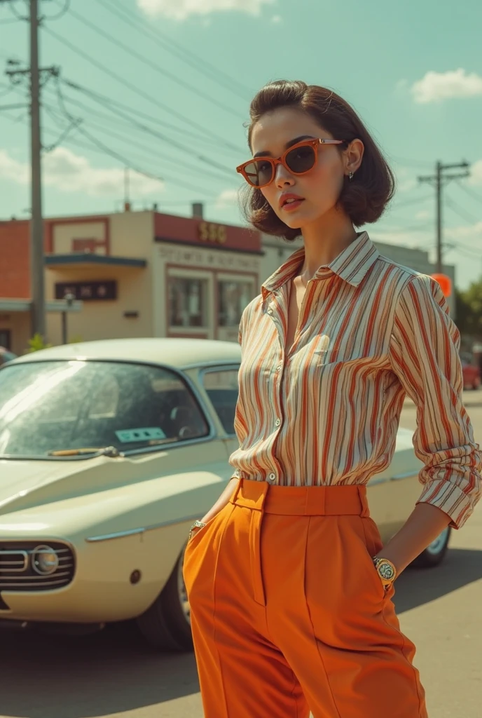Medium format full body photography, (Retro-inspired British model:1.3), Front profile view, Rusty billboard backdrop, 80's hip hop vibe, (Zigzag striped turtleneck:1.2), Large sunglasses, (50's haircut:1.2), (White and red hues:1.2), Captured with a Hasselblad H6D-100c, 80mm f/2.8 lens, Defined shadows, Vintage details, Nostalgic style