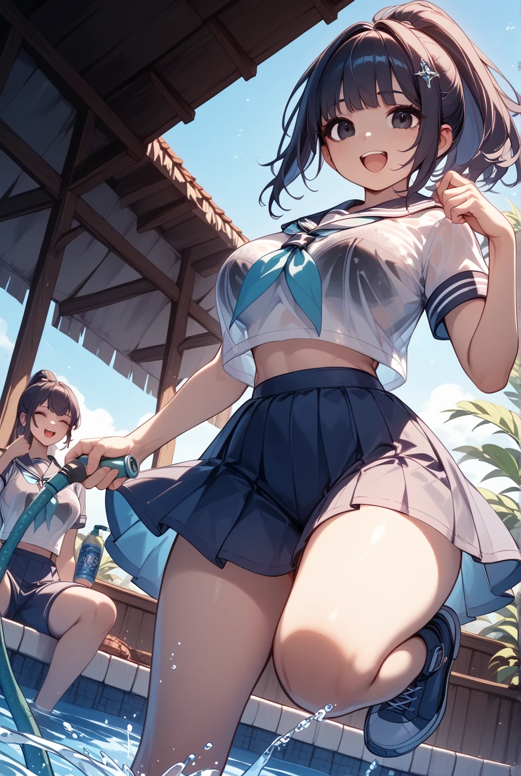 highest quality、High resolution、detailed background、Beautiful and dense face、beautiful and smooth skin、skin texture、braided twin tails、(huge breasts:1.3)、(realistic:1.2)、perfect body line、(3人のcute女の子:1.5)、
((Thin white sailor suit made of see-through material:1.4))、white sailor collar、(No panties、No bra:1.2)、(My clothes are wet and transparent:1.2)、the whole body is wet、water dripping、hair is wet、
(Three people having fun at a water play spot:1.2)、Laugh playfully、smile、sexual expression、emphasize the chest、emphasize cleavage、emphasize the underboob、
Puff out your cheeks to express shyness or cuteness、Wrap your hair around your fingers、Put your hair back behind your ears、Express your happiness and excitement by making small jumps。、express energy and activity、
Put your hand over your mouth to express surprise or embarrassment、It can bring out your cuteness and modesty.、
Bow or wave?、cute、panty shot、camel toe