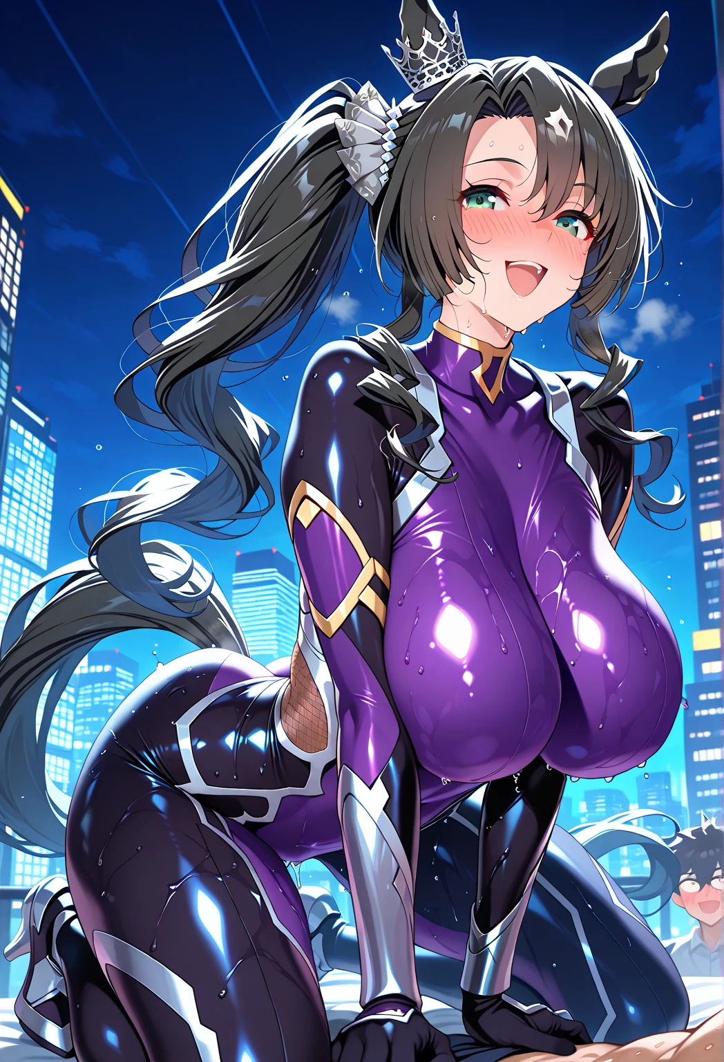 Anime - Woman in style wearing purple latex posing in futuristic city, an oppai cyberpunk, Purple body, wlop glossy skin, cybersuit, zero suit samus, Ilya Kuvshinov. 4 k, Smooth Anime CG Art, Very detailed ArtGerm, Chic, cybersuit, Seductive Anime Girl, android heroine, cutesexyrobutts, latex shiny