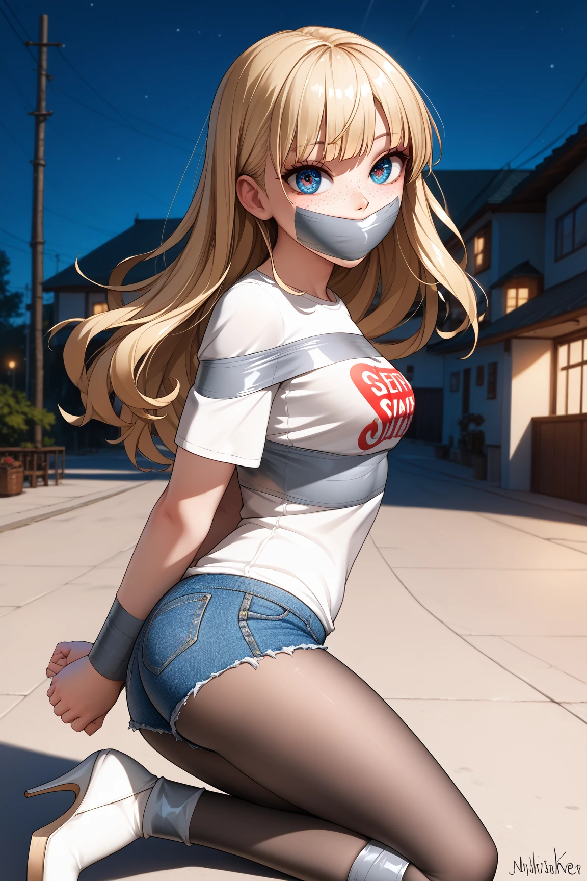 Shiny blond hair, very long hair, sophisticated haircut, ((((hair fully braided)))), ((small twisted braids)), thin and oval face, submissive, (((gagged))), ((((denim jacket)))), cute and blushing 18 years old anime girl, look away because she is embarrassed and blushes, bright blue eyes, detailed face, detailed members, detailed arms, detailed hands, ((((sparkling diamond jewelry)))), tiara, ((makeup)), high heels, puffy sleeves, long gloves, long eyelashes, Girl lying, tied by ropes, shackled, can no longer move, tied tightly, very hard tied up with lots of ropes, hampered by so many ropes that she can no longer move, bound hands and feet, ropes tie his whole body, tied extremely tightly and forcefully to her bed by a lot of ropes, its limbs are strongly tied together by ropes, his torso is tied up with thick cords, her chest is so tied up with ropes that it sticks out, her legs are tied tightly with thick ropes, his hands are tied behind his back with ropes, she can no longer move her feet, her hands which are tied by thick ropes, she desperately tries to free herself, likes to be tied tight with big ropes, likes to be immobilized by big ropes, lying down, his hands and feet are strongly tied to the railing of his bed, his legs are pressed together and tied with ropes, its limbs are held vigorously by imposing ropes, her hands are tied securely behind her back by ropes, her chest is compressed by strong ropes, she is pressed against her bed and restrained by large ropes (shibari, arms behind the back:1.4), (hands on the back), (masterpiece, best quality) 1.5, 1girl, solo, (sexy, beautiful woman, perfect face, perfect eyes, perfect hands), samus aran, (shibari, arms behind the back:1.4), (hands on the back), Spread the legs, s&#39; ((lie in bed by big ropes)), ((close up of the girl)), ((((lie in bed)))), SFW