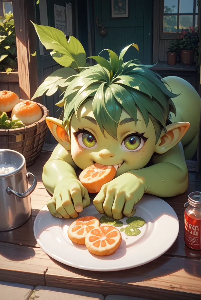 1boy, male, slime, cute face, green skin, green eyes, slime hair, slime body, thin body, in slime, sexy