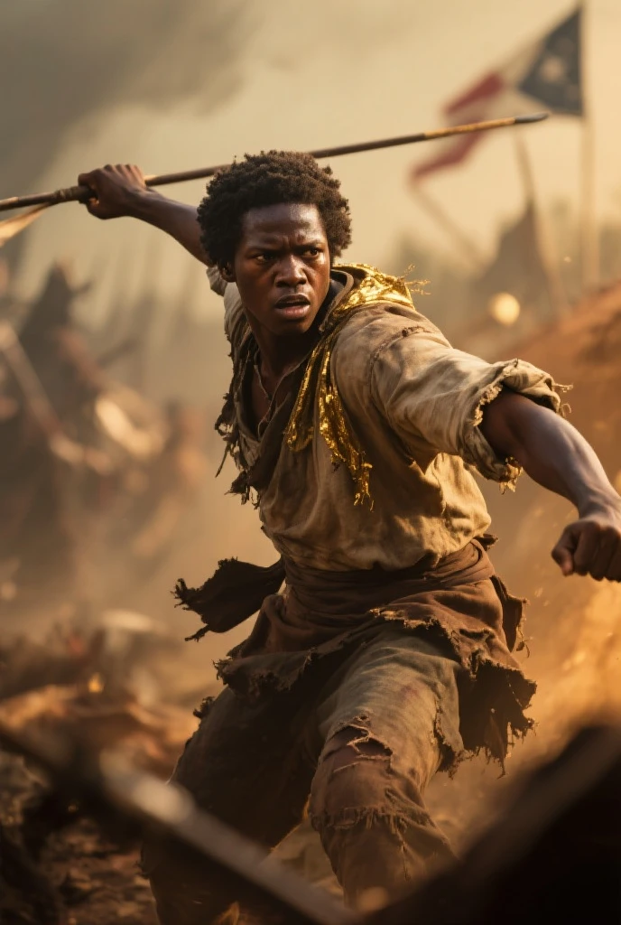 a Black man, stark, like indigenous costumes, hunting, yelling, holding a bow and arrow