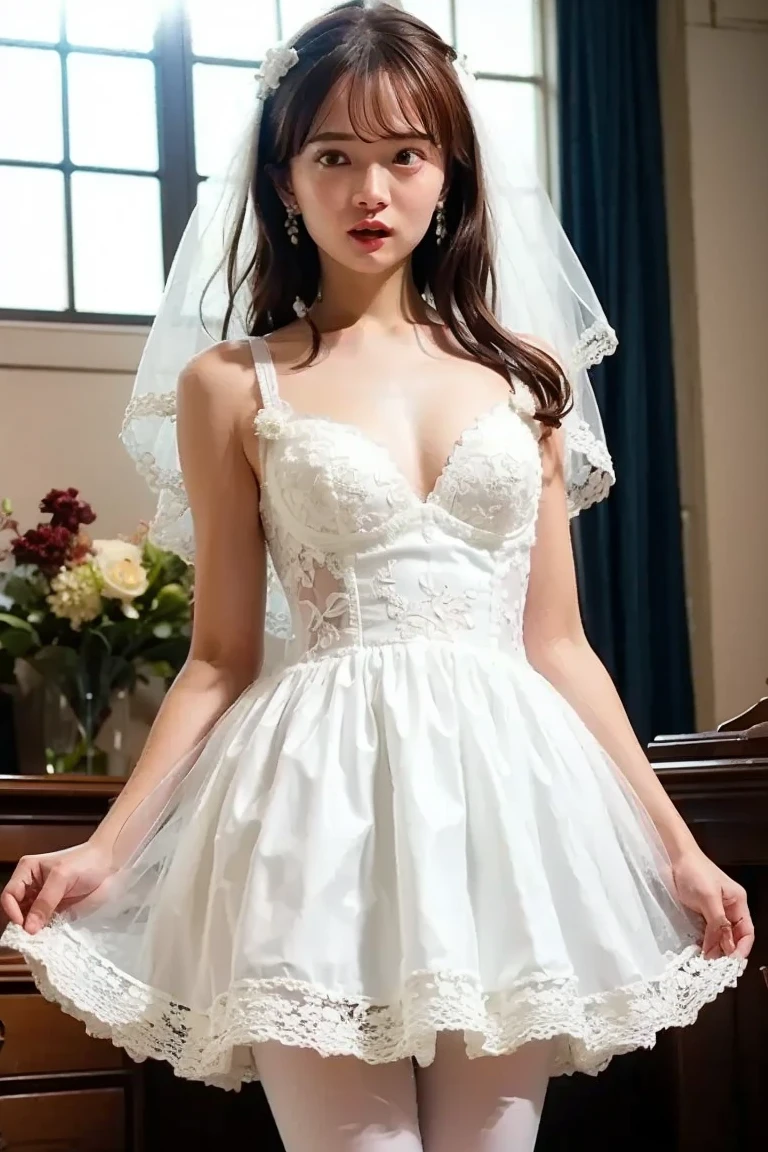 16K quality、Highest quality、masterpiece、High resolution、Real photo、 超High resolution、(((Long Shot、Full body portrait)))、((立っているウエディングドレスをめくり上げるかわいいBlondeの花嫁))、((Inside the church、altar))、(Shiny white silk wedding dress)、(Off-the-shoulder dress、Exposing the chest)、(((She lifts the hem of her dress with both hands to show her panties:1.5)))、((High cut high leg panties、Lace panties))、((White Stockings))、(((Blonde:1.5)))、 ((Blondeのアップヘアスタイル))、((Silk Veil、Gorgeous hair ornament))、((Opera Gloves、Wedding ring on left ring finger))、Shiny earrings、choker、((blue eyes))、(((Stargazing、Open your mouth)))、 (((Ecstatic facial expression、A face full of pleasure、Climax、Drooping eyebrows and corners of the eyes)))、Embarrassing、Beautiful legs、(Big eyes、No makeup、Very beautiful and subtle makeup, Light makeup,)、Perfect body、Perfect hands、Perfect Fingers、Detailed and beautiful thin lips、A clear, beautiful face and well-proportioned eyes、Highly detailed eyes and face、Long eyelashes、double eyelid、A neat nose、Thin eyebrows、Border Light、Realistic Light、 Cute round face, Plump thighs、Accentuate your thighs、Hairstyle with bangs、Slender body、slim、Light-reflecting skin、Model body type、８Head to Body、Low - Angle、The light reflected in your eyes、Smaller face、Lip gloss、Looking away、Background blur、Movie lighting from the front、Light on face