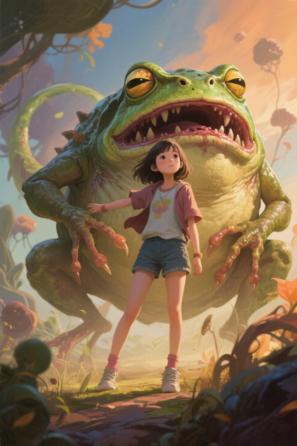 Rick and Morty emerge from an energy portal into a Rice Paddy. Rick, a middle-aged man with messy hair, wears a lab coat and looks bored and drunk. He holds a flask in one hand and takes a shot half-heartedly. Morty, a young boy with messy brown hair, is panicking, with wide-eyed expressions on his face. The scene is filled with slimy tentacles, slowly moving towards Rick and Morty from all directions. These tentacles are greenish and covered with gooey slime, adding a sense of danger and suspense to the atmosphere. The Rice Paddy is surrounded by lush green fields, with tall stalks swaying gently in the breeze. The artwork is created using a digital medium, with a realistic and photorealistic look. The details are extremely intricate, capturing the expressions on Rick and Morty's faces, the texture of the tentacles, and the vibrant green colors of the rice fields. The lighting is vibrant and vivid, illuminating the scene with a surreal glow. The overall style of the artwork is a mix of sci-fi and horror, with elements of both genres blending seamlessly. The color tone is predominantly green, with hints of blue and purple to create an otherworldly feeling. The lighting casts dramatic shadows, enhancing the mysterious and thrilling atmosphere. (best quality,4k,8k,highres,masterpiece:1.2),ultra-detailed,(realistic,photorealistic,photo-realistic:1.37), HDR, UHD, studio lighting, ultra-fine painting, sharp focus, physically-based rendering, extreme detail description, professional, vivid colors, bokeh, portraits, sci-fi, horror.