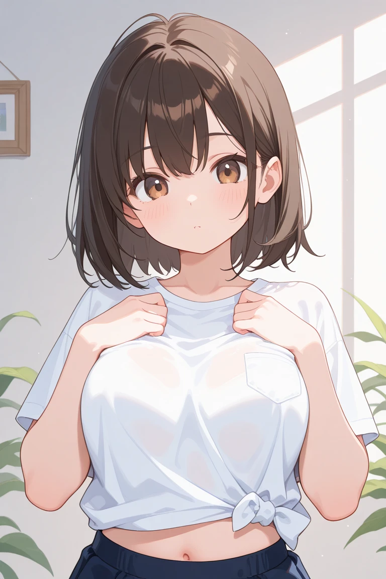 frame in, from right in front of face and body, view straight on, upper body, High quality, very high res, High quality, cute girl, brown hair, forehead, blunt bangs, bob cut, blush, Brushed up bangs, (white wearing a plain t-shirt), small breasts, upright, pleated skirt, work desk, sitting in a work chair, arms up behind, (pov hands:1.4), (clothed breast touch:1.2), (guiding hand), at office