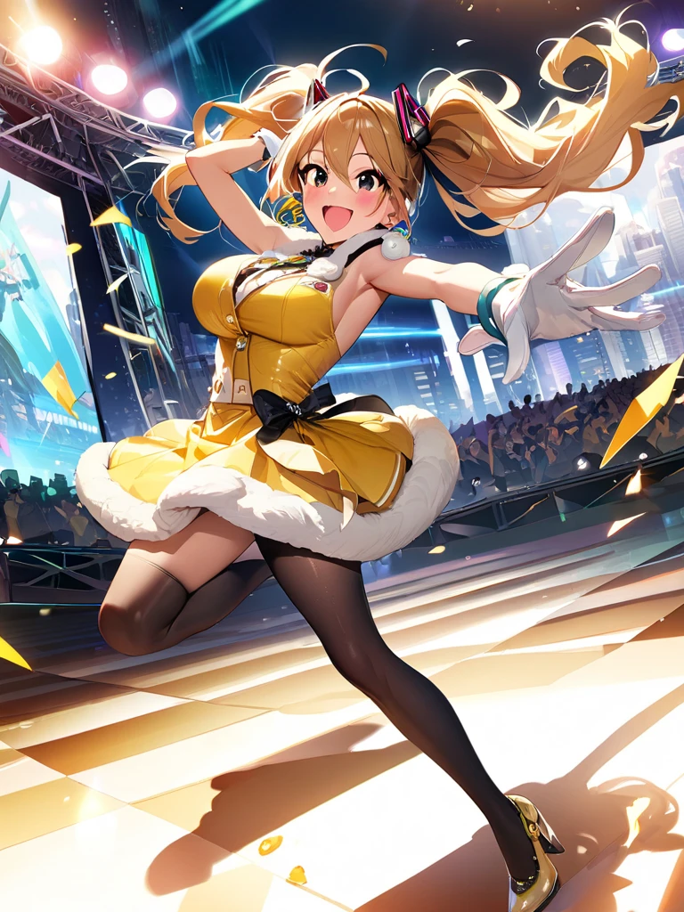 masterpiece, best quality, 1girl, ((bangs, blonde hair, armpit length hair)), ((black headband)), blue eyes, beautiful detailed eyes, beautiful detailed face, cute face, perfect hands, complete fingers, perfect anatomy, perfect proportions, ((dark blue idol outfit, skirt, frilly skirt)), ((boots, yellow boots, yellow footwear, high heels)), breasts, medium breasts, covered navel, ((yellow gloves)), (full body portrait), ((pink heart logo on chest)), (stage lights), looking at viewer, smile, :d, solo, solo focus, standing, body infused with yellow aura, cowboy shot
