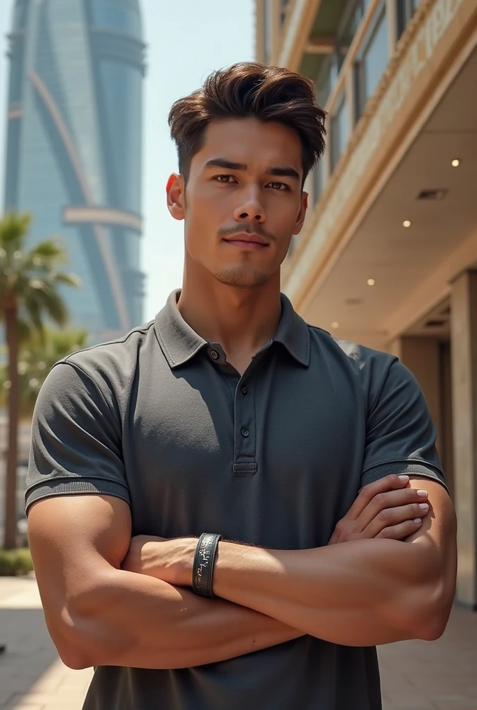 Masterpiece, best quality, high resolution, realistic, handsome, Take beautiful photos, Sayk, NRF, Photo of the 35 year old gym association (The man has a thin mustache.),Full body, Portrait, standing in the garden , make military media, weight, Amazing , Buzzcut short hair,stubble head , (Hyper Muscle),looking at the audience, Flirt with the camera, charming, (Tight navy blue workout shirt. ),(GS-Male:1), 8K,Bokeh,Portrait,look at the viewer,