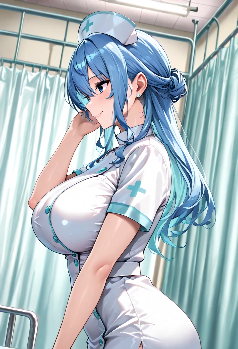 top-quality、Full limbs、(photorealistic:1.2)、complete fingers、1 beautiful woman、beautiful detailed eyes、super detailed skin、sweat、oil、Slender beauty、straight haired、blown hair、french braid、blunt bangs、head tilt、((white Nurse bikini、covered erectile nipples、very skinny))、cleavage、white nurse hat、White pantyhose、hospitals、Hospital Room、on Patient bed、(stethoscope)、((((vulgarity))))、spoken heart、(light dark skin:1.6)、