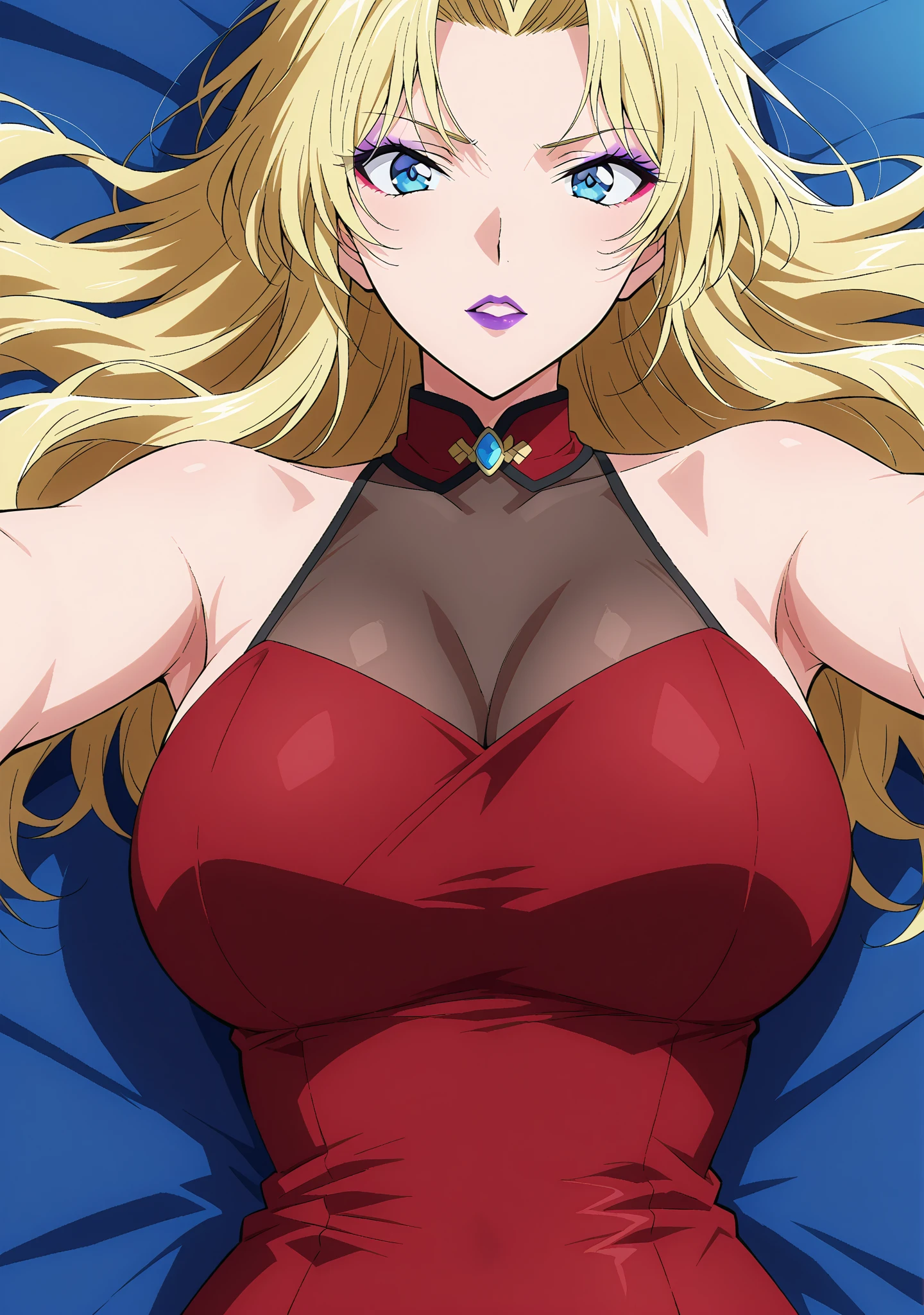 (masterpiece:1.4),(best quality:1.4), blonde hair, red dress Reika Kurashiki, blonde hair, blue eyes, large breasts,jewelry, parted lips, makeup, angry, cleavage