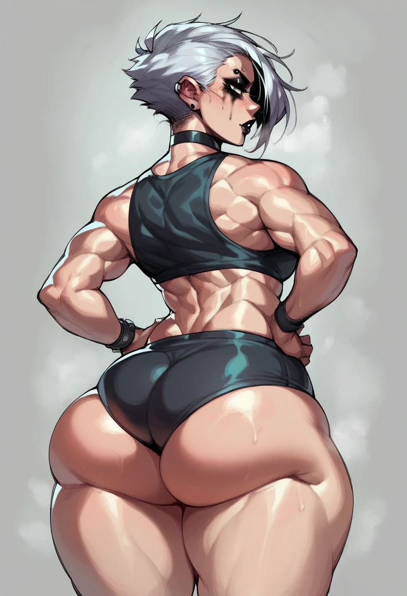 1girl dark skin ,Saiyan, white hair, green eyes, defined muscles, thin waist, wide hips, medium breasts, no clothes, nude, bobs, naked, pussy , ass, anal, dogstlye