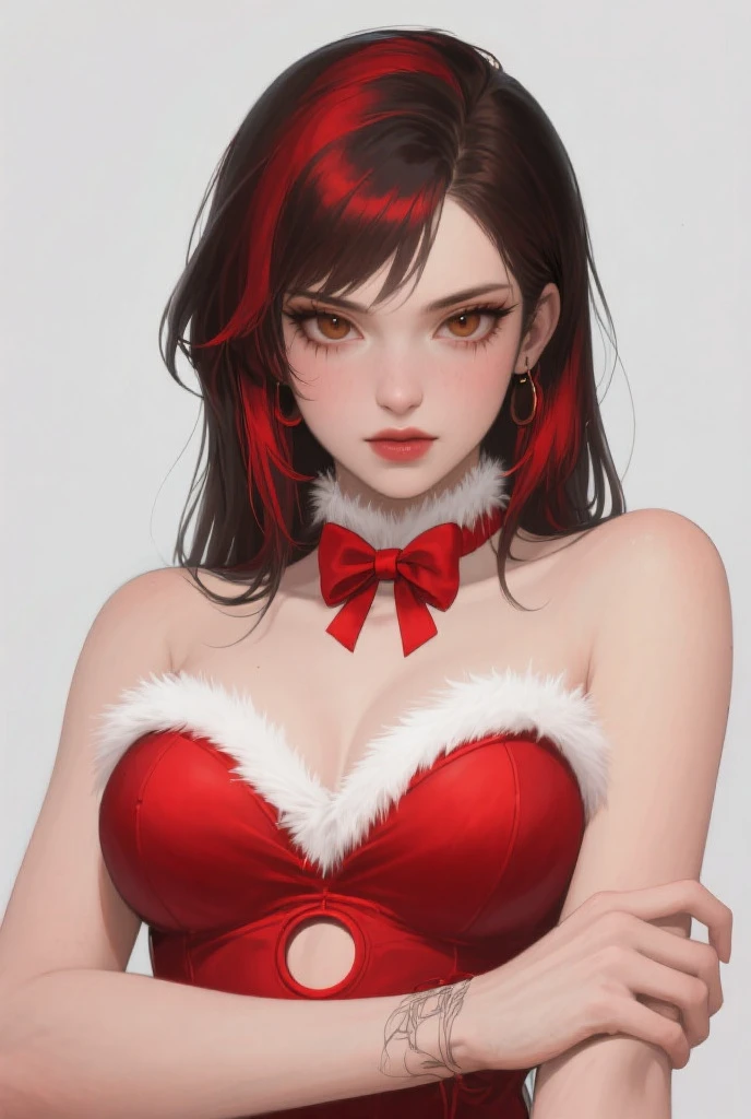 Santa punk milf, ear piercing, goth, gothic, sexy, christmas outfit, pale skin, pale blue eyes, short hair, black hair, black lipstick, santa outfit, christmas outfit, christmas, christmas, xmas
