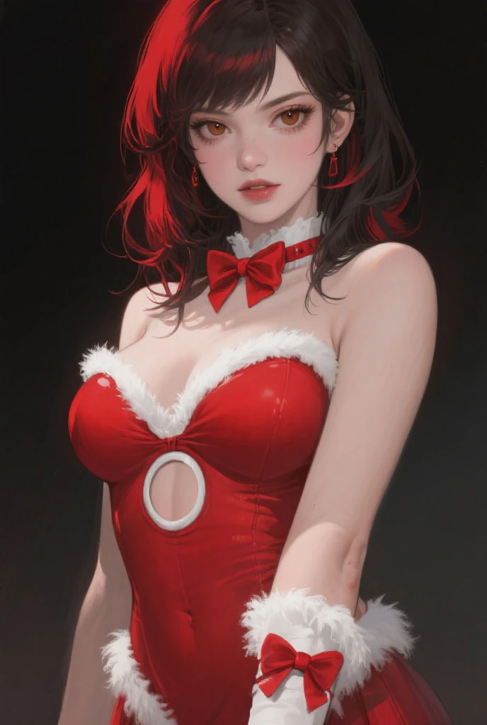 Red knitwear, turtleneck, red costume of Santa Claus, (open all buttons: 1.1), Santa Claus hat, smile, smile, big, big breasts, deep cleavage, chest hugging, top quality, masterpiece, illustration, very delicate and beautiful, very detailed, CG, 8K wallpaper, amazing, fine details, highly detailed CG, Unity, 8K wallpaper, Huge file size, very detailed, high resolution, well-groomed detail woman, very detailed big eyes and face, amazing detailed eyes, face light, (Best Illustration: 1.1), Ultra High Resolution, (Photoreal: 1.1), (Photoreal: 1.2:1.1), Realistic Face Proportions, Slender, Smile, (Makeup: 0.4), (Fluffy Pale Colored Eyes: 1.21), Light Colored Eyes, Round eyes, gaze to look at the beholder, dark brown hair, earrings, necklace, hairpin, (irregular irregular skin imperfections, veins, skin pores: 1.2), white background, (bokeh: 1.4), straight hair, very short hair, short bob hair, little bangs, gloss on skin, gloss on face, gloss on lips, gloss on chest, gloss on skin, smile, smiling, teeth, beautiful alignment, Long neck, big eyes, clear eyes, clear double eyelids, put out both ears, very cute, overwhelming beauty, highlight in the eyes, chest closer, face forward, body facing the beholder, put your hand on the cheek, perfect and detailed and beautiful hand, perfect and detailed beautiful fingers, precise number of arms, precise number of fingers, reach out to the camera