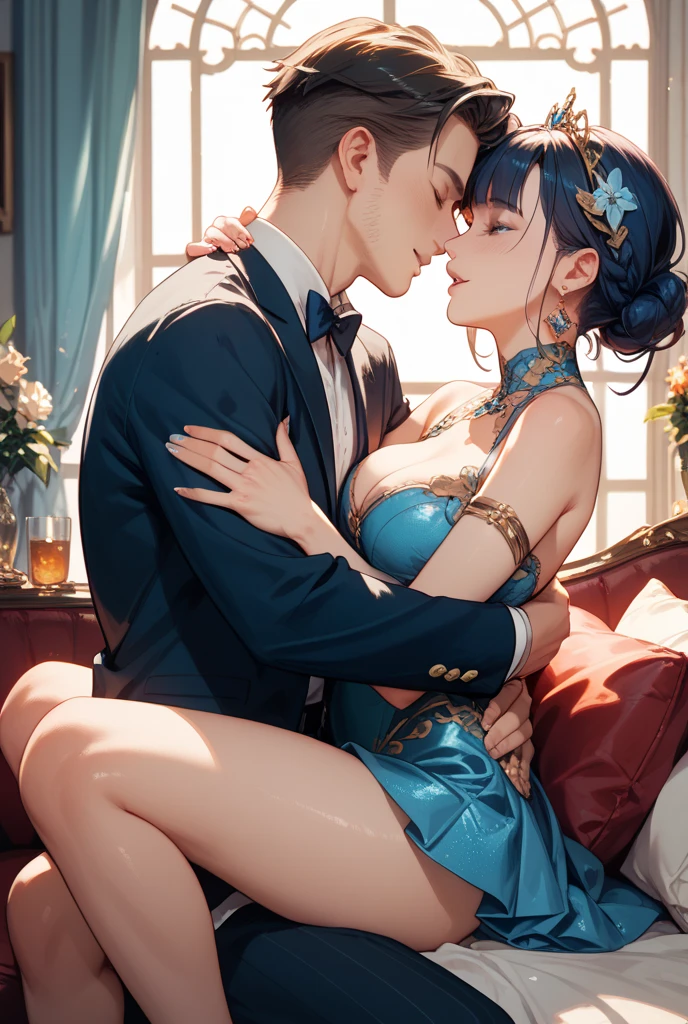 Cinderella in a blue dress passionately kisses Mulan, Mulan in a kimono passionately kisses and squeezes Cinderella&#39;s tits