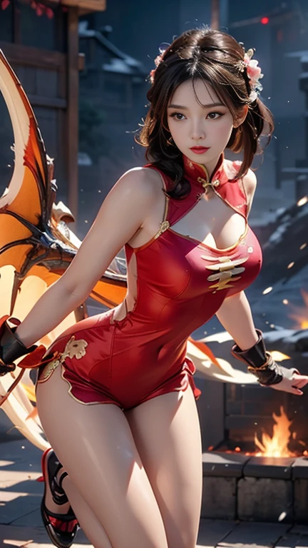 (RAW photo, best quality), Cute girl with short black hair, (ponytail), (city roof at night background), low light , dark eyeliner, happy smile, gorgeous face , super cute, 18 years old , young looking, hyper detailed face, dark eyeliner, (medium breast), (thin waist, super slender), (bare shoulders, (exposed hips), skintight and red PVC qipao china dress with yellow dragon decoration and vivid patterns, deep black leather thigh high boots, red PVC arm sleeves with yellow flower decorations and vivid patterns, cleavage, ((both hands on waist)), one leg in front of the other, (((very extremely small small navel exposure)))