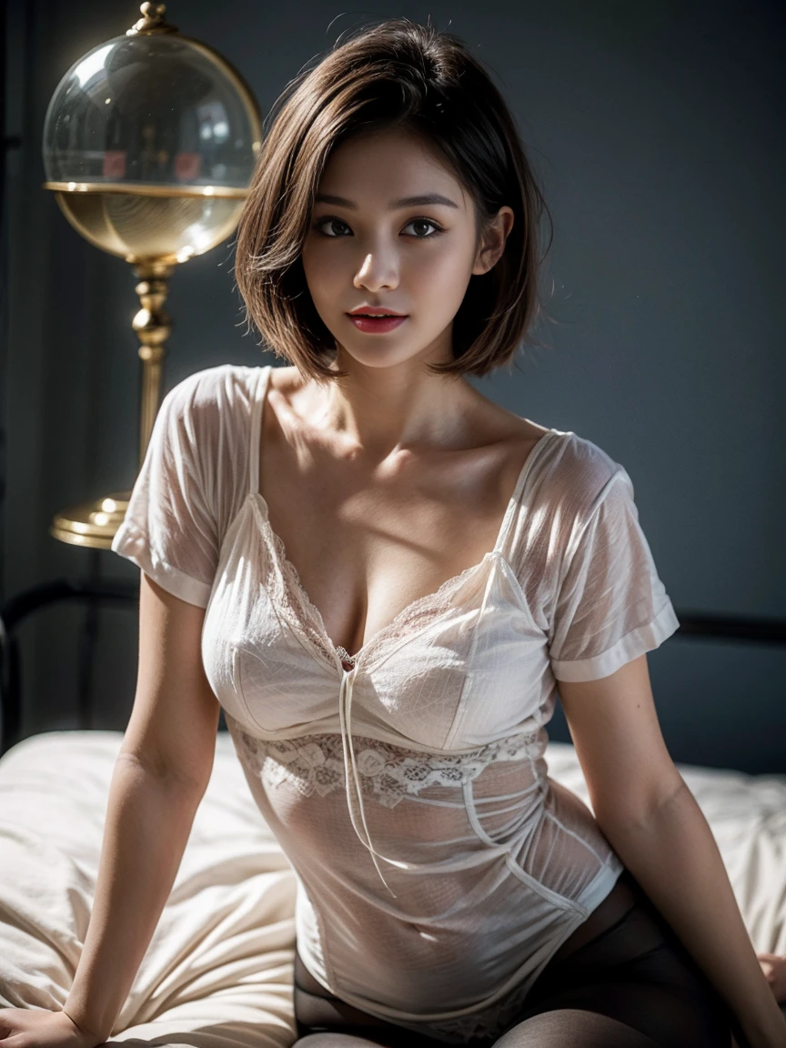 (1 woman:1.1)、masterpiece、top-quality、(((realisitic:1.5)))、((Very beautiful adult woman、Sitting on the sofa by the window in the room))、((Wearing a thin silk open shirt on bare skin:1.5))、(highlydetailed skin:1.2)、((moderately sized udder))、((Chest exposed:1.5))、((Shoulders exposed:1.5))、((White Microshorts:1.1))、((pubick hair))、(Smile: 1.2)、hyperdetailed face、A detailed eye、dark brown short hair、glowy skin、Gorgeous big earrings、Gorgeous Big Necklace、an legs、full bodyesbian、((see the beholder))、