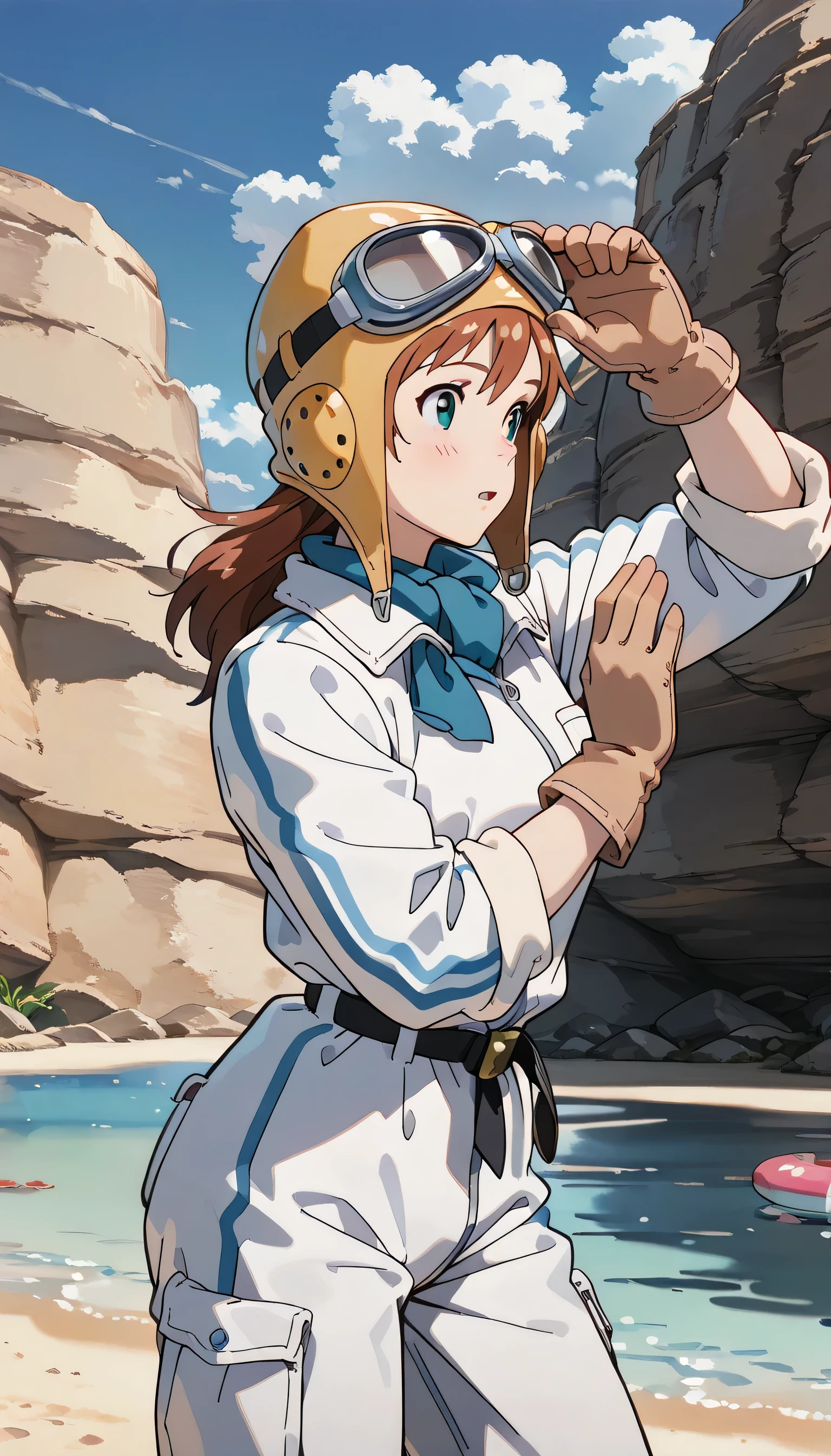 ((ultra-detailed)), (highly detailed CG illustration), (best quality:1.2), ultra-highly detailed, colorful composition, artistic photoshoot, 1girl, solo focus, thigh to top, cowboy shot, moe anime character, girl, dainty facial structure, baby face, round face, rounded chin:1.2, ideal ratio body proportions, ample breasts, fio_piccolo, fio_pilot, brown hair, ponytail, black eyes, sparkle eyes, sagging eyes, helmet, hat and goggles, gloves, scarf, jumpsuit, black belt, outdoor, petals glowing and fluttering, best quality, masterpiece, beautiful detailed sky background, from side, dynamic pose, contrapposto pose, expecting, pink cheek, blush, light pink gloss slip, portrait, depth of field, soft lighting, sidelighting, shine, lighting, caustics, ray tracing, perfect face, lustrous skin, highly detailed face, highly detailed eyes, perfect face, perfect nose, perfect hair, perfect eyes, perfect anatomy, beautiful hair, beautiful small face, extremely detailed face, beautiful detailed eyes, beautiful clavicle, beautiful body, beautiful ample breasts, leavage, breasts squeezed together, equalize the size of the left and right breasts, beautiful thin thighs, beautiful legs, beautiful fingers, 4 fingers, 1 thumb, lovely, (very detailed background:1.0), (highly detailed background:1.0), spring aesthetic, intricate details, joyful atmosphere, spring colors palette, chromatic aberration