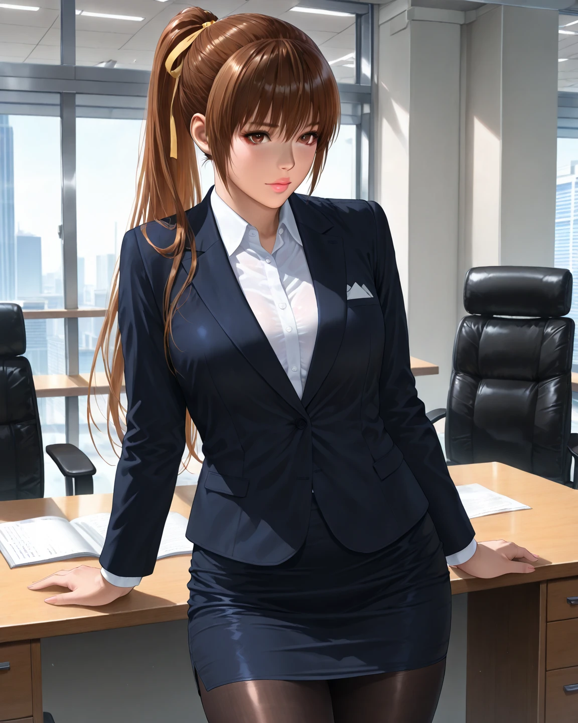 masterpiece, great, (Office: 1.8), CG drawing with very high detail., standing, A man, with a woman with short, tanned hair, layered dress, hands crossed on waist, In front of the audience, illustration, wide angle panoramic