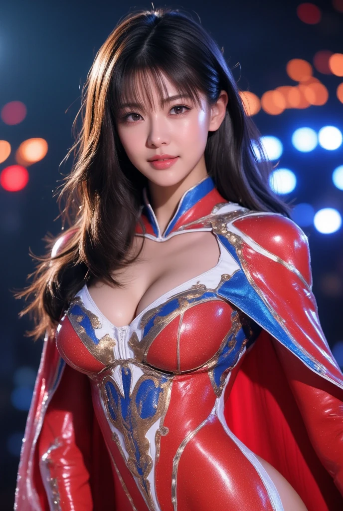 vonnyfelicia, CLOSE UP UPPER BODY,solo, COWBOY SHOT PORTRAIT, ((E-SPORT HEADPHONE, WAVY BLODE HAIR:1.4)), (GIGANTIC FAKE BREASTS, SQUEEZE CLEAVAGE TOP, 11 LINE ABS:1.5), (TIGHT RED/BLUE FUTURISTIC MECHA SKIMPY SUIT OVERWATCH, ROYAL LONG CAPE:1.5), (MUSCULAR BODY SHAPE:1.5), (CLEAN GLOSSY BODYSKIN:1.5), (LOOKING AT VIEWER:1.6), (BACKGROUND FUTURISTIC SPACE STATION:1), (Photorealsitic:1.5), (Ultra-detail), (TOP-QUALITY), (BEST SHADOWS), BRIGHT LIGHT IN ROOM, HYPER TEXTURE, (4X MSAA), ((UNREAL ENGINE 5 RENDER)), (NEON), PHYSICALLY-BASED RENDERING, ULTRA HIGHT DEFINITION, 16K, 1080P.
