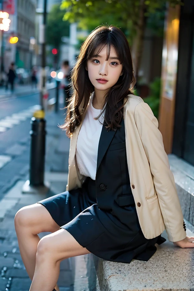 ((High-definition images, masterpiece, atmospheric perspective, 8K, Super detailed, Accurate, highest quality, single shot)), (casual style), Jacket, unbuttoned shirt, swollen areole, (round face, realistic eye size, droopy eyes, blush, smile), (((legs to head ))), (in the night), blonde hair, small earrings, thin necklace, (light makeup), mini skirt、hand in panties、白いパンティー