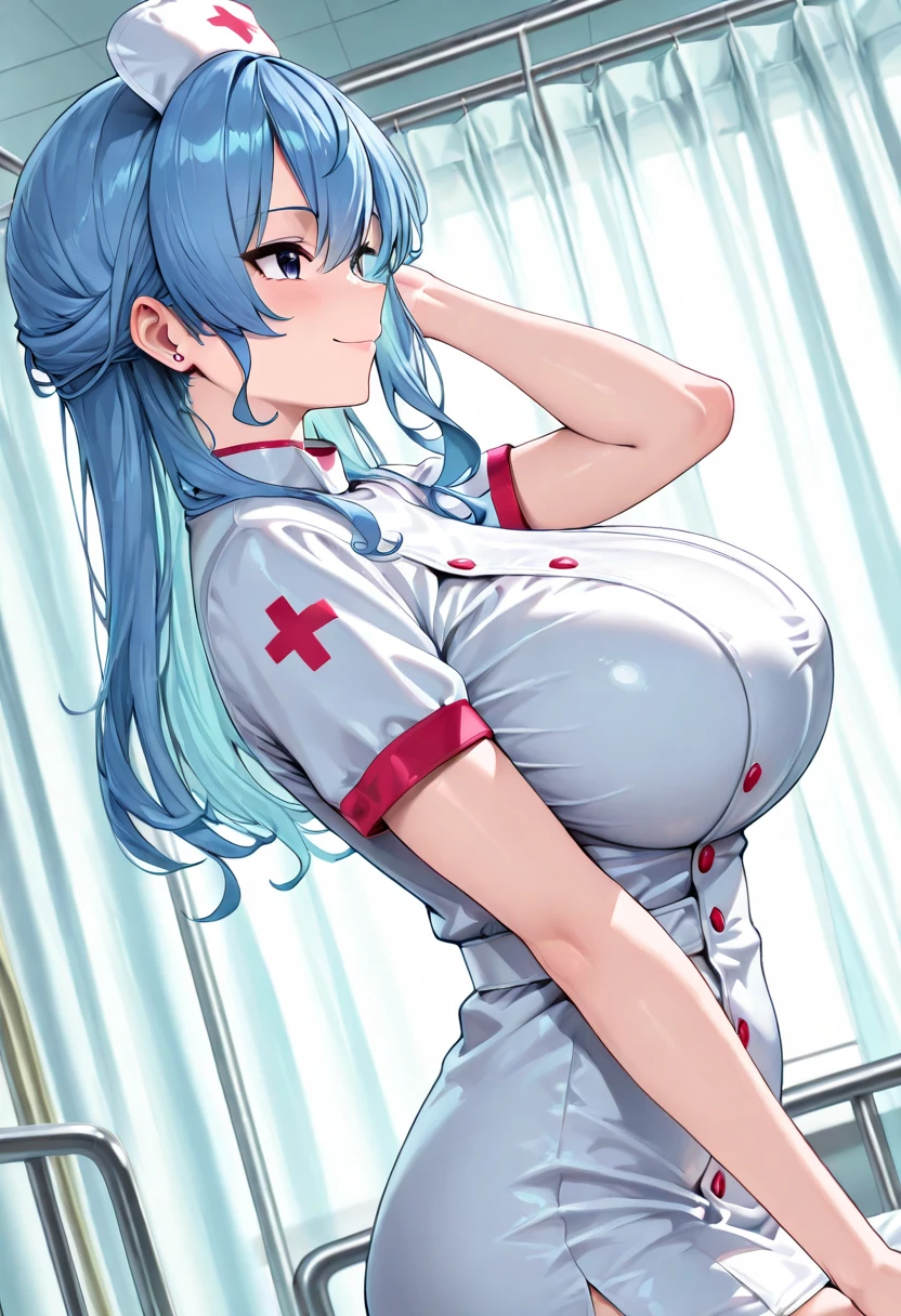 My name is Yukiko.I am a white test woman with long Sky blue hair,red eye color.I am 1.62 cm tall . My breasts measure 200 cm, my waist 40 cm and my hips 200 cm.Dressed in a short nurse outfit . With big 200 cm breasts