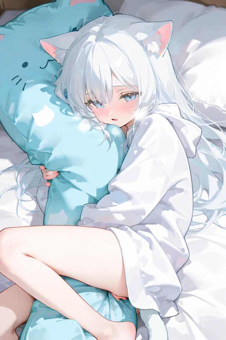 Milk tea beige medium-long hair、Wearing a pale blue baggy hoodie、Sleeping face、whole body、