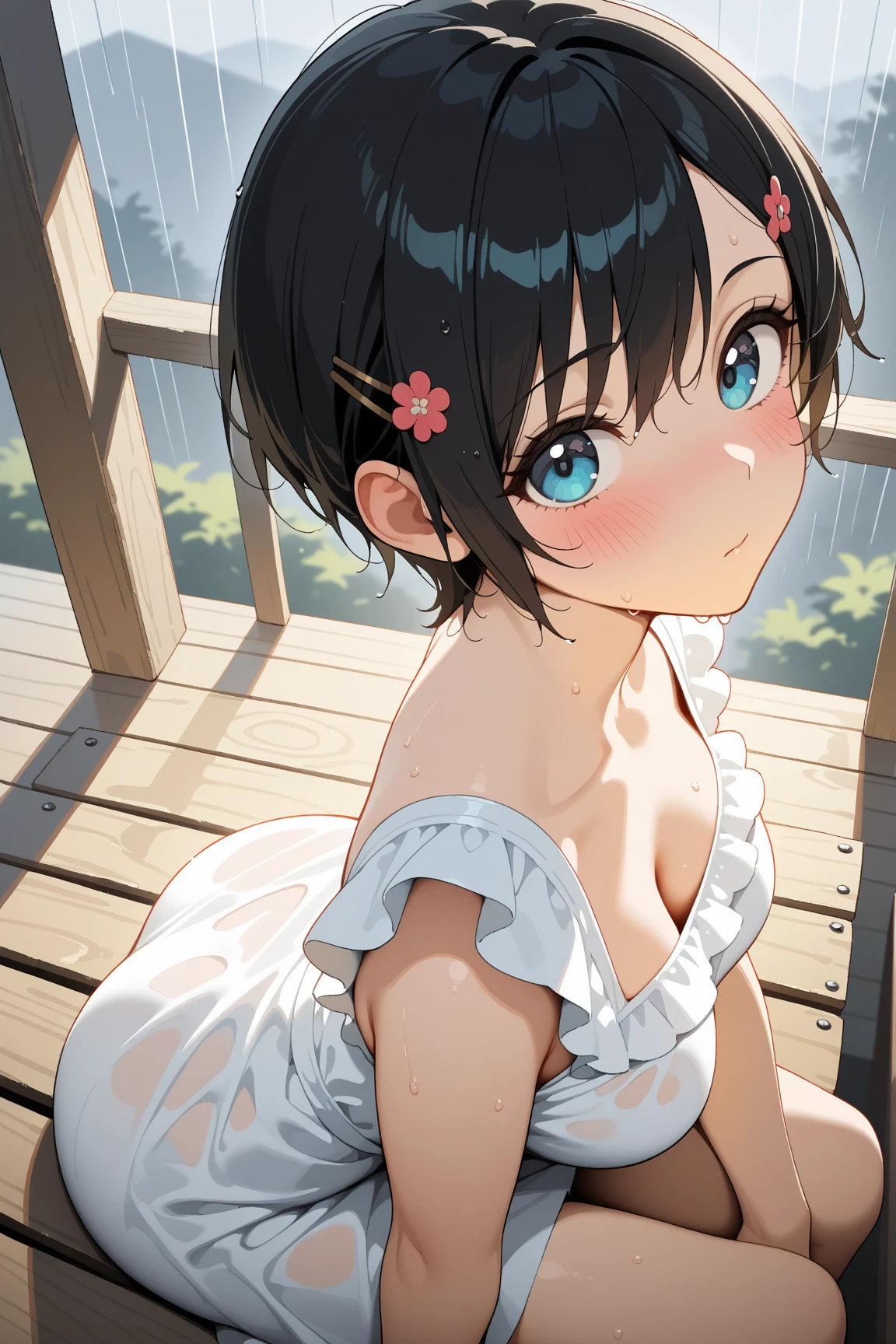 best quality, masterpiece, (独奏:1.3), (1 Female:1.4)、Age 25、Larger breasts、(Slender figure)、(Maid-style white frilly bikini)、(Playing in the water at my outdoor pool:1.3)、(Splash:1.3)、(A dynamic pose)、(belly button)、(White highlight in pupil:1.2)、(Dark blue eyes)、(beautiful eyes)、(short hair:1.3)、(Black-haired:1.2)、(brown skin:1.5)、(dark skin:1.5)、(Wet Skin)、(A shy smile)、(Blur the background to make the woman stand out:1.3)、(A soft light shines on the woman&#39;s entire body.:1.3)、(Summer blue sky:1.3)
