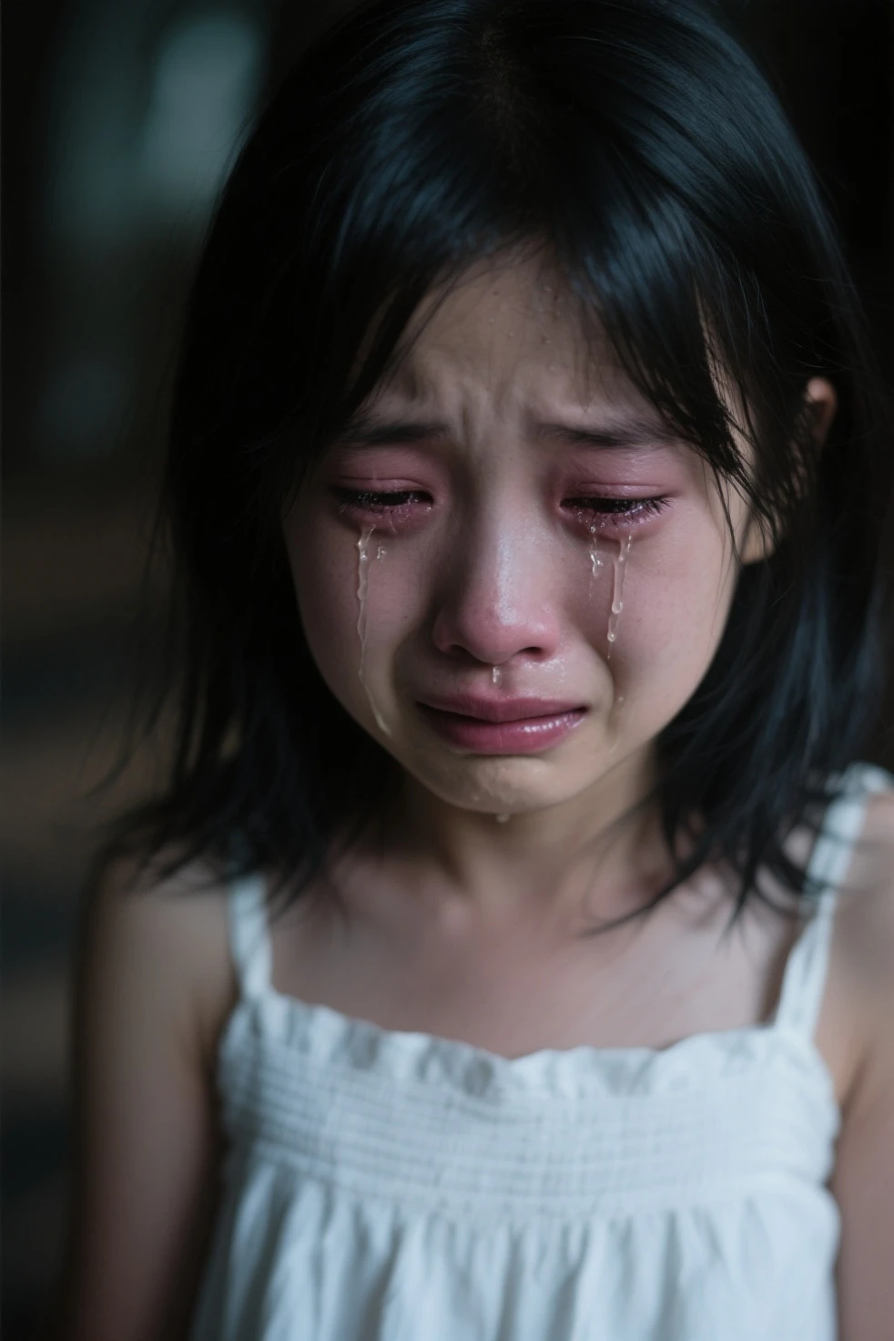 Face of a beautiful 5 year old girl, white skin, brown eyes, black hair with braids, extremely sad and melancholic, eyes watering a lot, crying expression, crying a lot, large tears prominent.