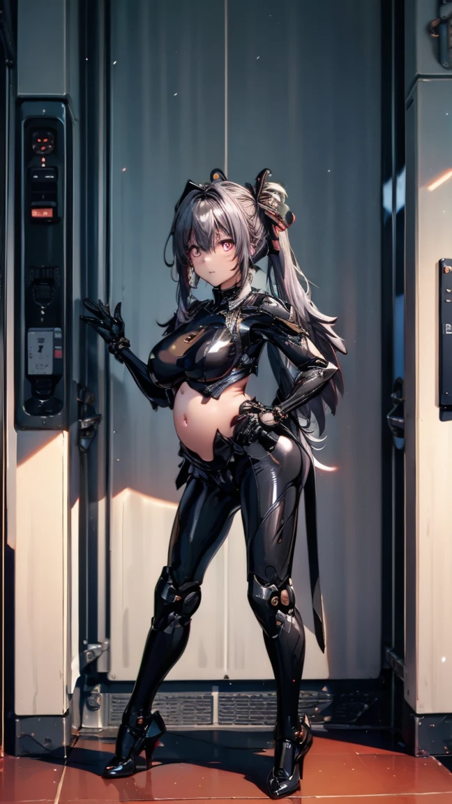 {(Princess Zelda)}, {((wearing black synthetic suit with gold parts, extremely tight and tight on the body))}, {((extremely large breasts))}, {((pink hair, blue eyes))}, {((she's doing sexual pose leaning against somewhere, looking at the viewer, smiling))}, {((inside a whole destroyed spaceship, with several aliens attacking the spaceship)), ((((full body))),