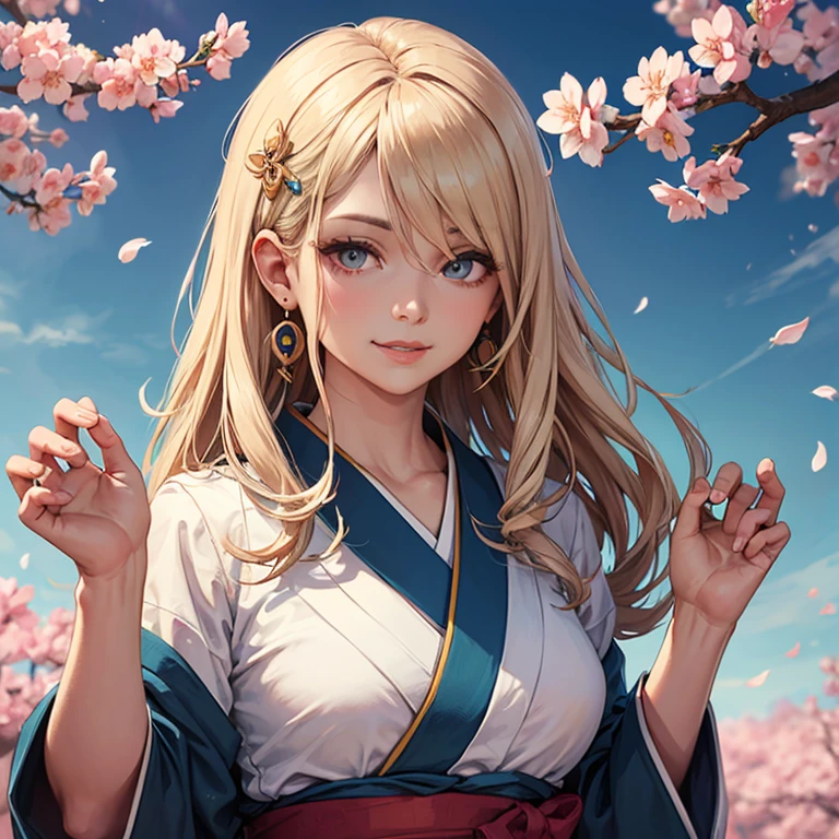 Very detailed CG Unity 8K wallpaper, Cute One lady, Mature blonde lady ,beautiful  lady, pale skin (Super masterpiece, Beautiful person, well detailed face polluted smile,  Photorealistic, hyper realisitic), Colorful winter kimono in gold and white colors ,white fur、 Japanese Style Hair Accessories、smile、Japanese background with pink flowers and snow、Portrait
