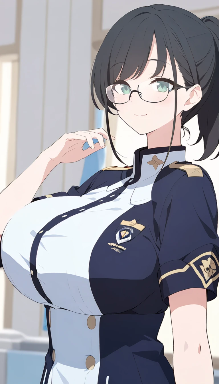 Very sexy young woman in uniform, with a good over her top, One girl, jimiko, alone, underwear, chest, Glasses, good, goodid, , Garment Lift, twin goodids, Realistic, Lift up your shirt, large chest, skirt, chestの谷間, Brown eyes, View your viewers, Seraphim, white good, Long sleeve, Black Hair