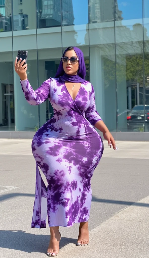 Arabic Woman in street, hijab, muslim, curvy body , wearing long dress, beautiful woman, very detail ,pawg, long legs ,thick high, full body in camera, wearing strap wedges