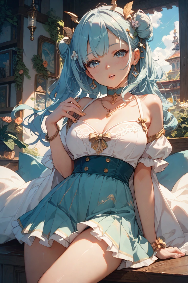 Light blue hair, turquoise eyes, long eyelashes, big red lips, apricot eyes, beauty, girly, curly hair, princess