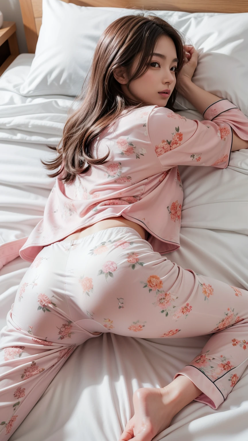 ((masterpiece, Highest Quality, high definition, very detailed CG integrated 8K wallpaper)), Beautiful Japanese Women, beautiful Japanese girl, lying in bed, (Lies on White Sheets, Wear an oversized shirt and pink floral pajama pants:1.5), , Moonlight, Nighttime Situation, bedroom, High Key Light, Detailed Eyeore, [Sleeping Eyes, saggy breasts in the cleavage, thick butt, thighs, rear view, and emphasize buttocks, bum showing, lift legs (spread your legs), Face down, shallow depth of field